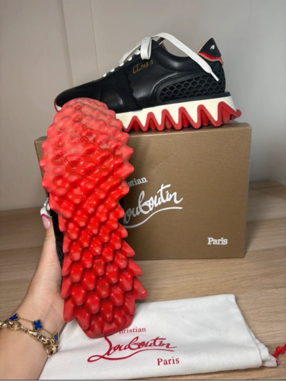 Christian Louboutin Black Leather Sneakers with Red Zigzag Sole - Picture 2 of 5
